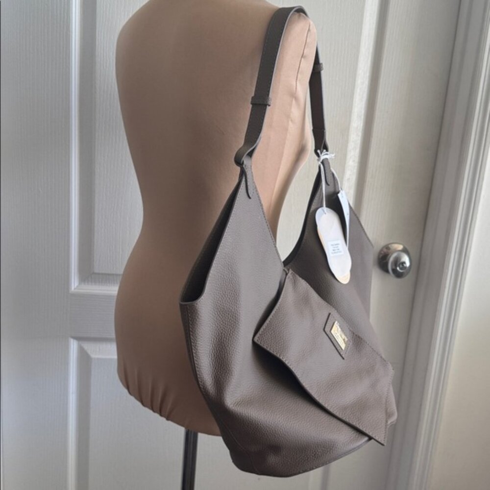 Viola Castellani Taupe Brown Leather Tote Hobo Unique Handbag W Oval Bottom - Picture 5 of 15